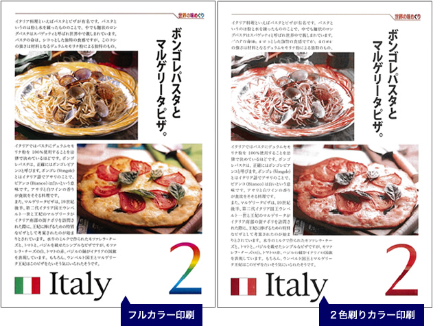 フルカラー印刷と格安2色刷りカラー印刷、印刷サンプル見本